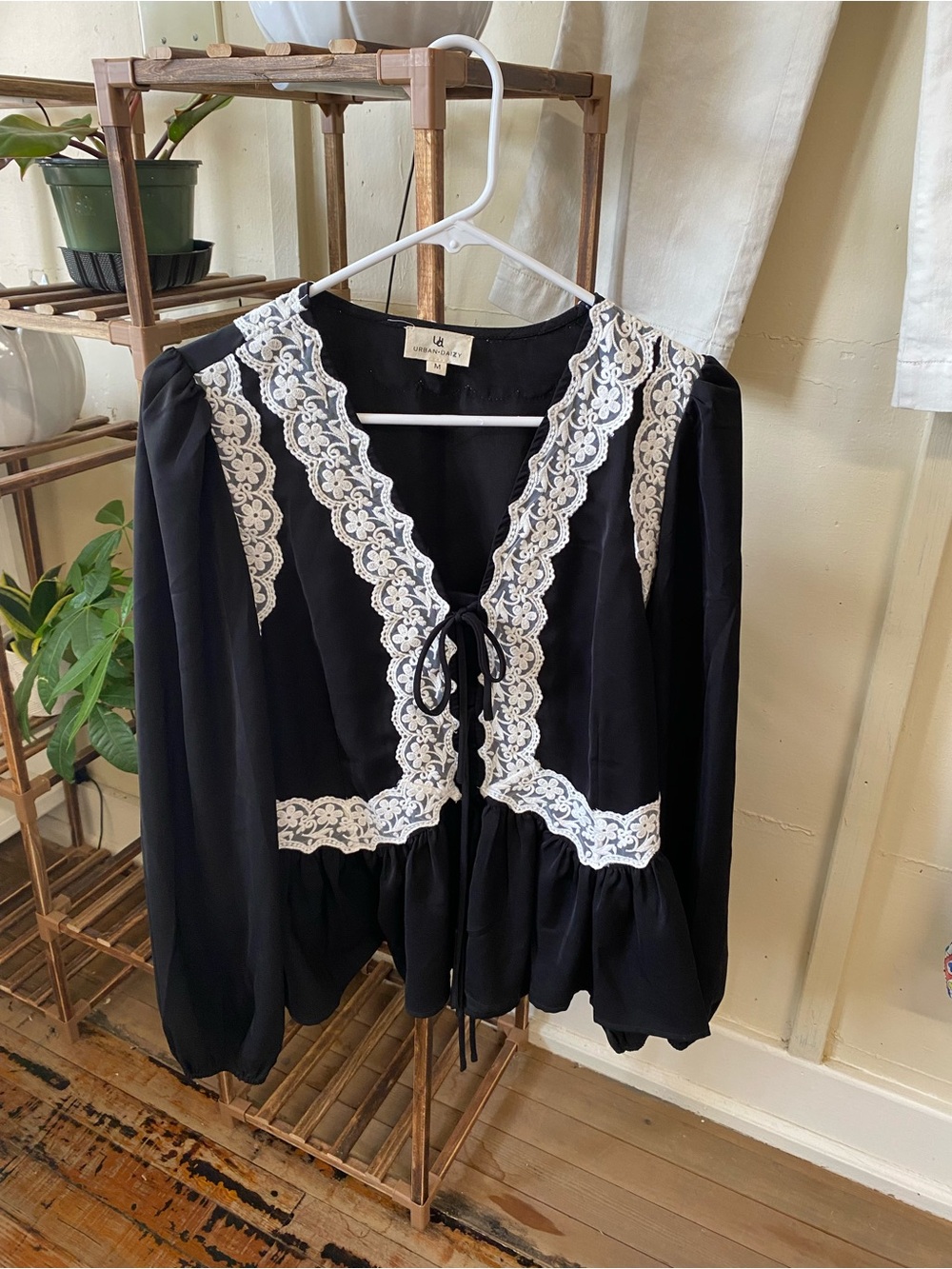 Black Lace-Trim Tie-Front Peplum Blouse